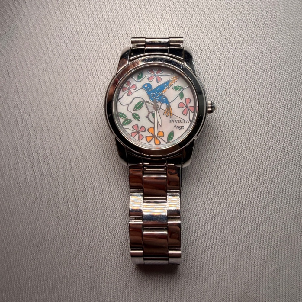 Invicta Angel Watch Womens Chrome Hummingbird Floral Mother of Pearl 19884